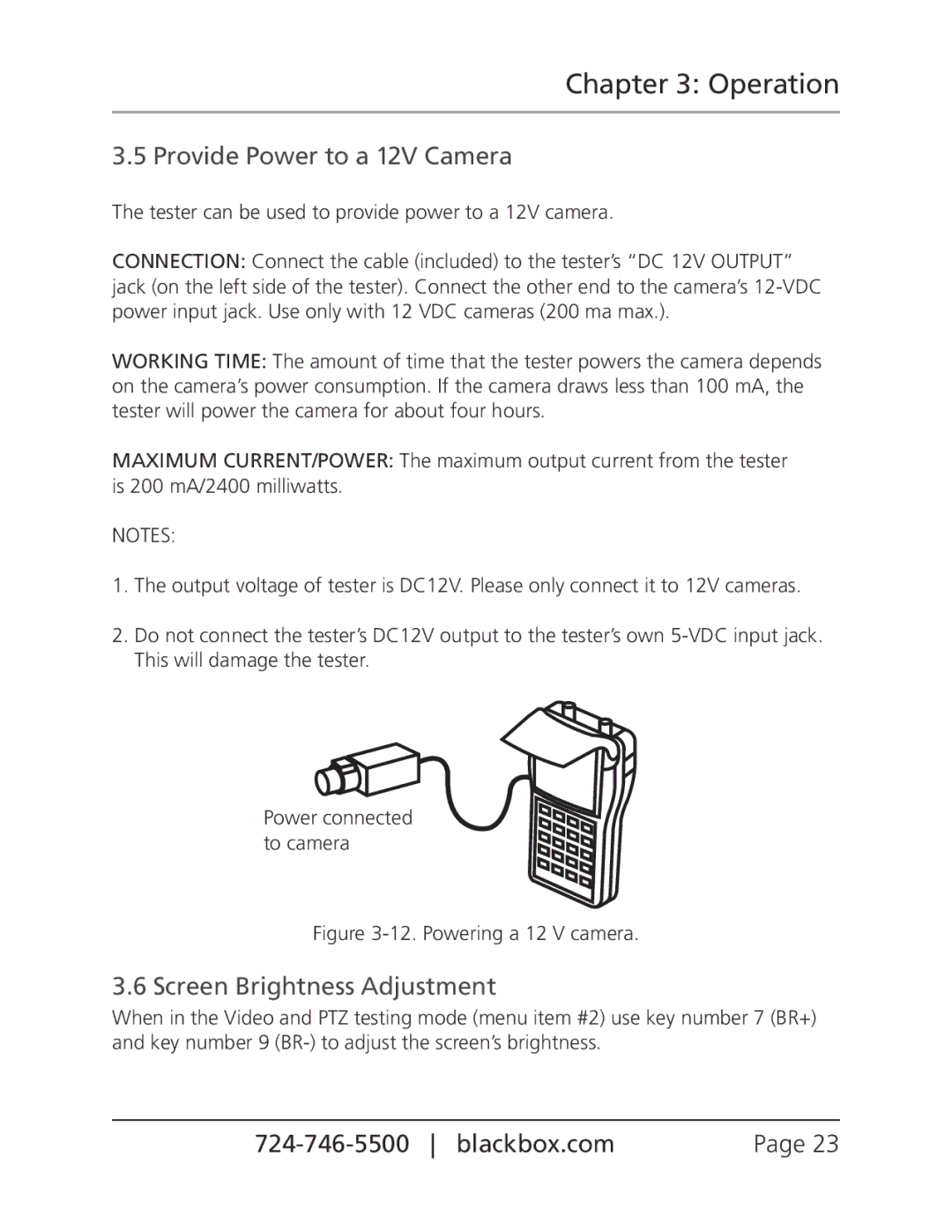 Black Box CCTV Tester, CCTVTEST manual Provide Power to a 12V Camera, Screen Brightness Adjustment 