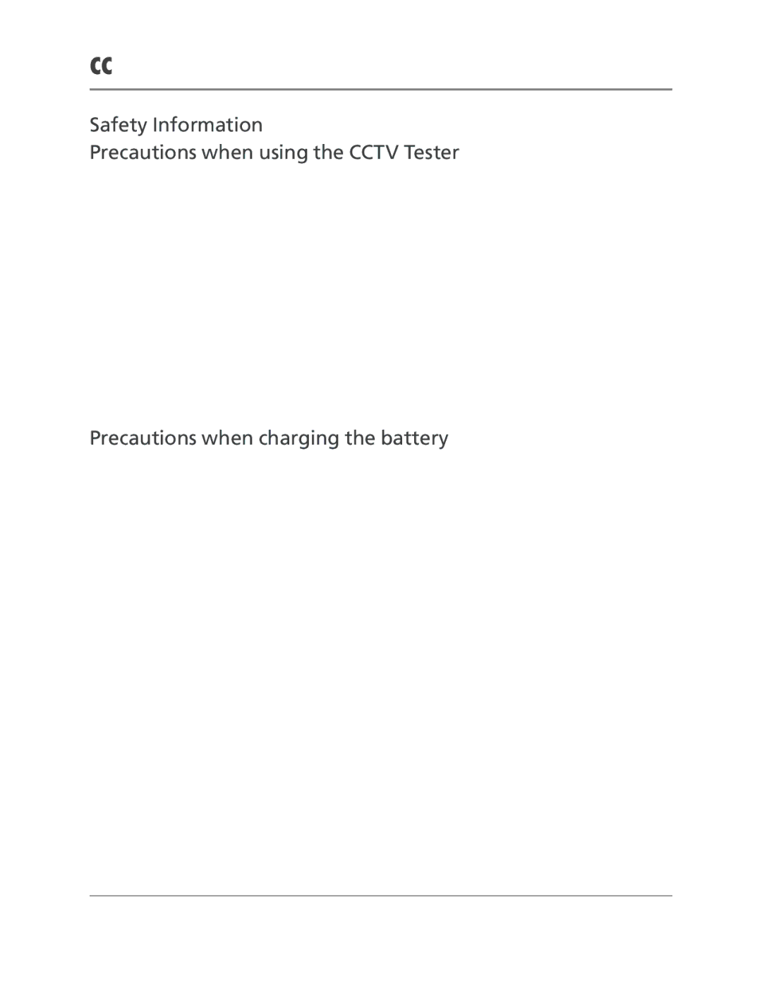 Black Box CCTVTEST manual Safety Information Precautions when using the Cctv Tester, Precautions when charging the battery 