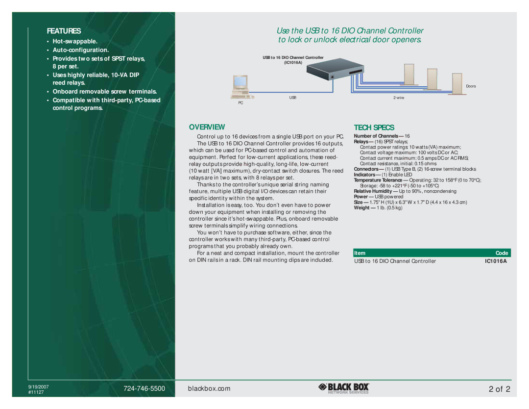 Black Box Channel Controller manual Features, Overview, Tech Specs, Number of Channels 