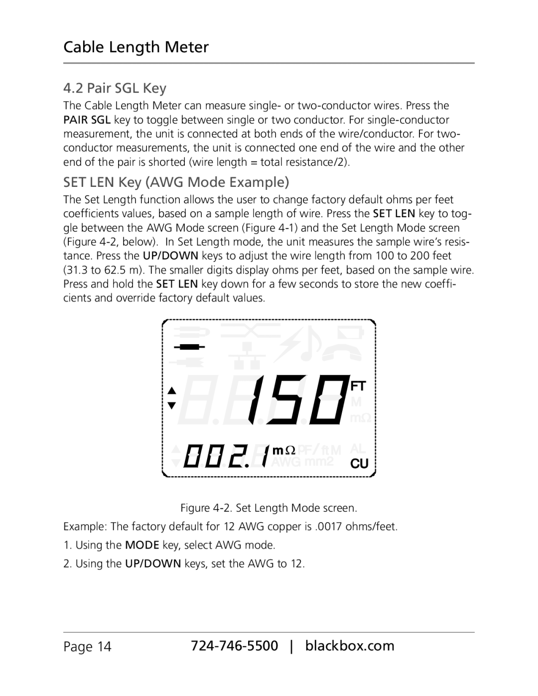 Black Box CLM5000 manual Pair SGL Key, SET LEN Key AWG Mode Example, Cable Length Meter, 2.Set Length Mode screen 