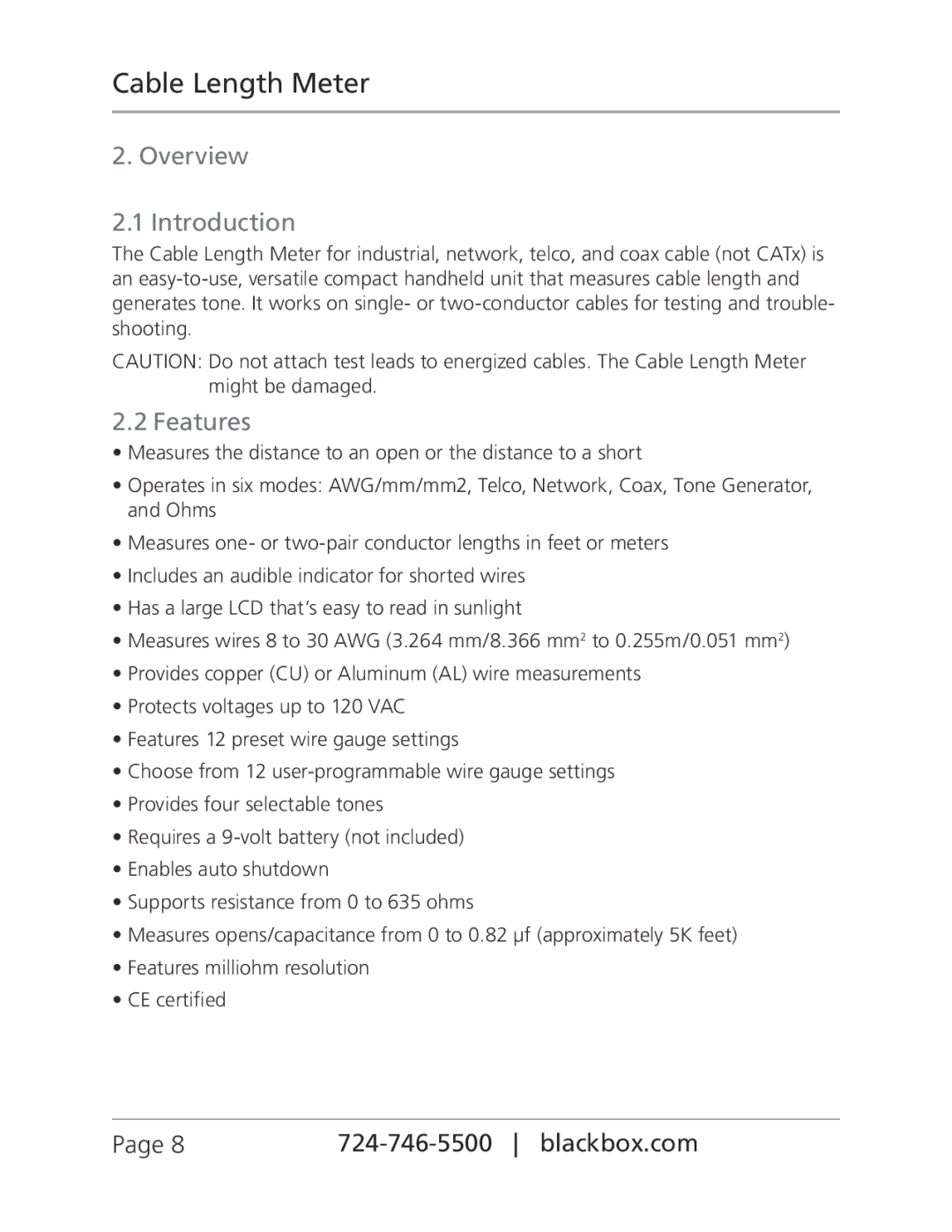 Black Box CLM5000, Cable Length Meter manual Overview Introduction, Features 