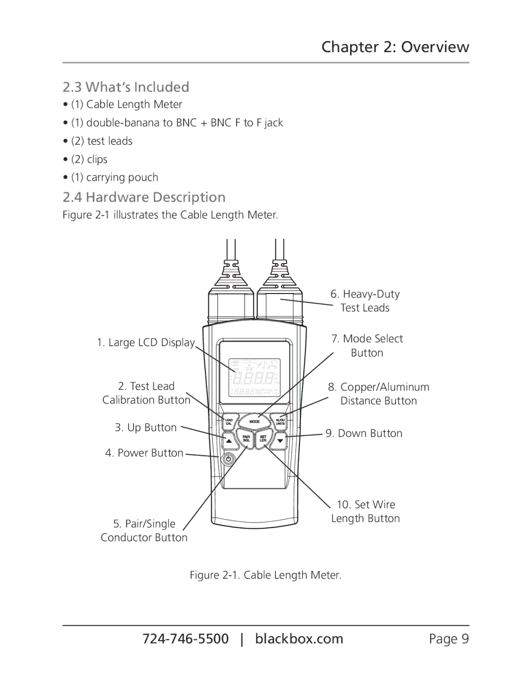 Black Box Cable Length Meter, CLM5000 manual Overview, What’s Included, Hardware Description 