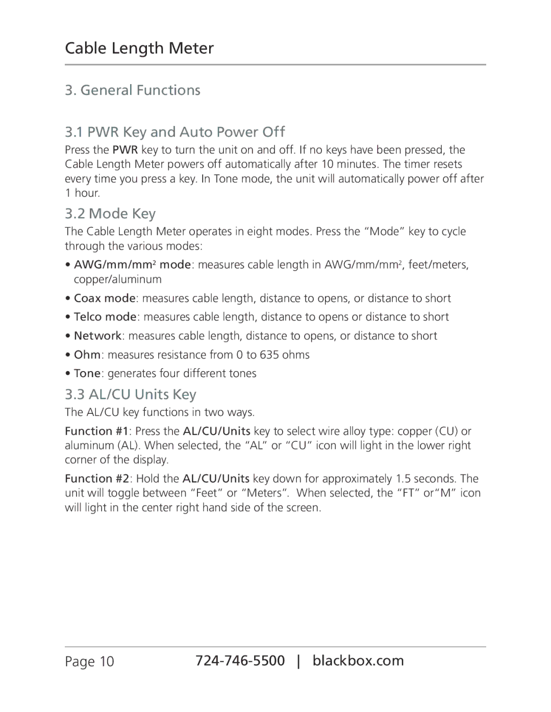 Black Box CLM5000, Cable Length Meter manual General Functions PWR Key and Auto Power Off, Mode Key, AL/CU Units Key 
