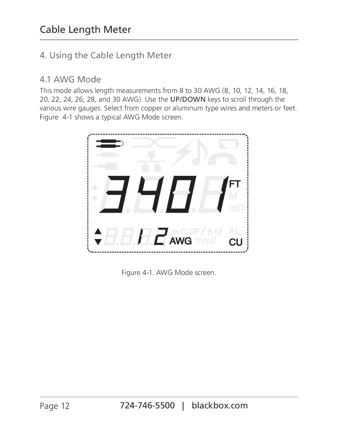 Black Box CLM5000 manual Using the Cable Length Meter AWG Mode, AWG Mode screen 