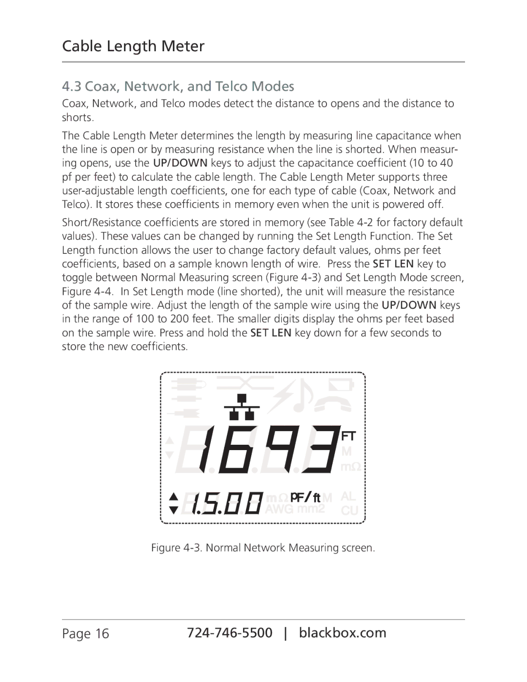 Black Box CLM5000, Cable Length Meter manual Coax, Network, and Telco Modes, Normal Network Measuring screen 