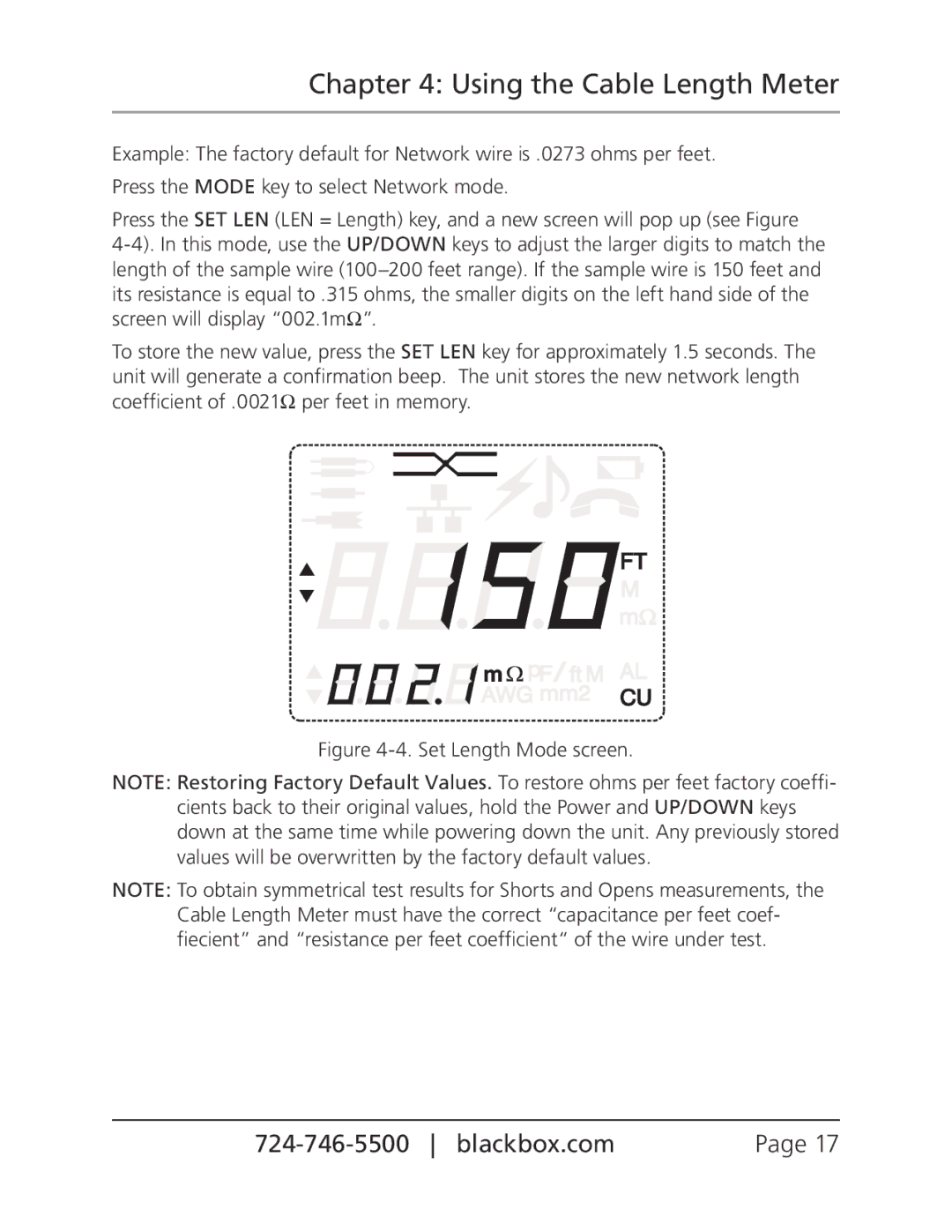 Black Box Cable Length Meter, CLM5000 manual Set Length Mode screen 