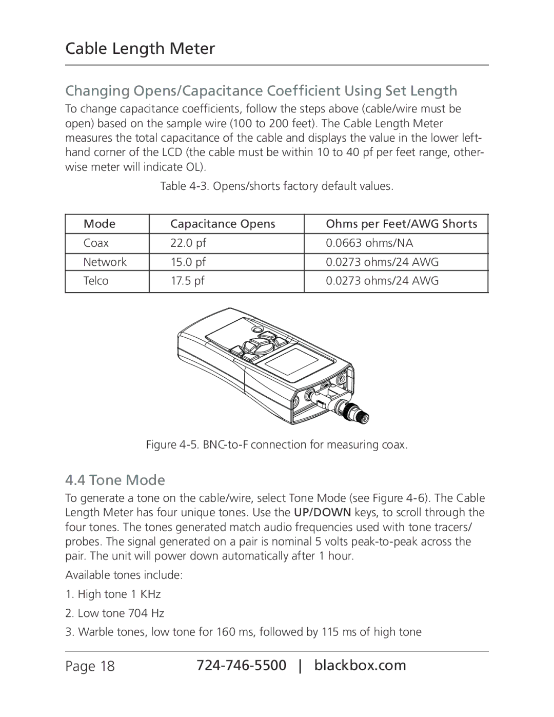 Black Box CLM5000, Cable Length Meter manual Changing Opens/Capacitance Coefficient Using Set Length, Tone Mode 