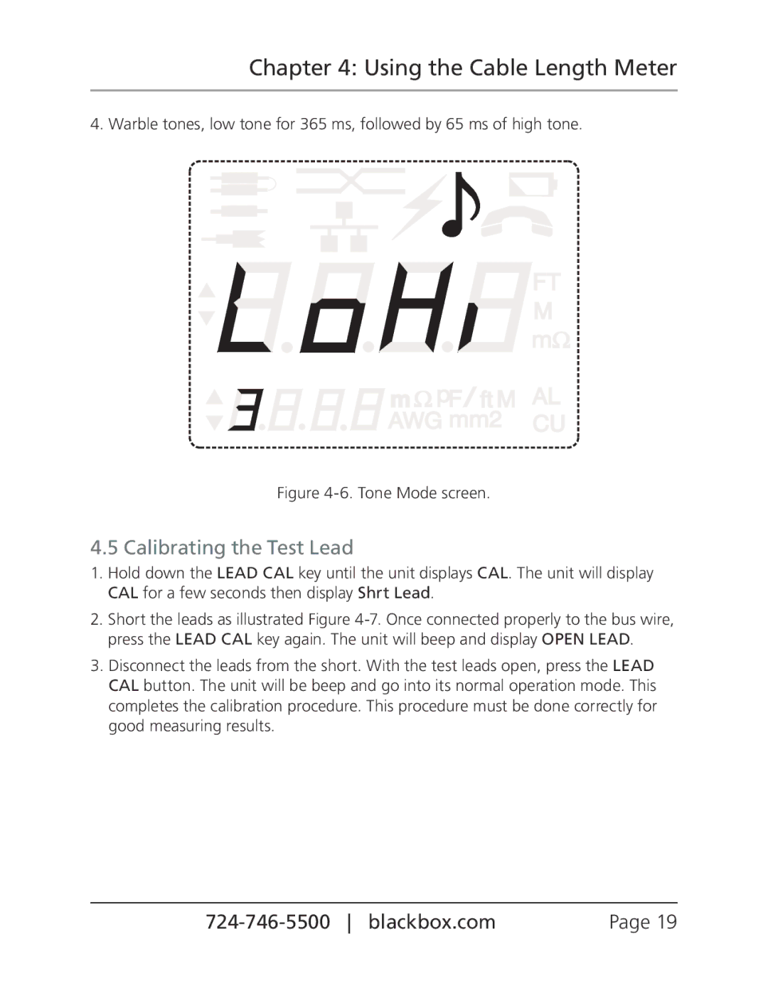 Black Box Cable Length Meter, CLM5000 manual Calibrating the Test Lead, Tone Mode screen 