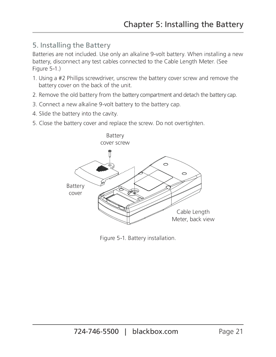 Black Box Cable Length Meter, CLM5000 manual Installing the Battery 