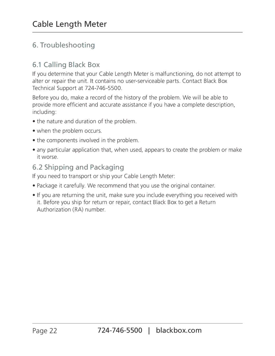 Black Box CLM5000, Cable Length Meter manual Troubleshooting Calling Black Box, Shipping and Packaging 