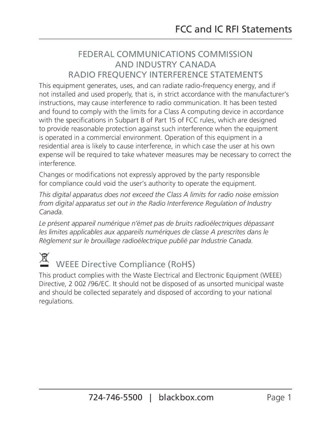 Black Box Cable Length Meter, CLM5000 manual FCC and IC RFI Statements, Weee Directive Compliance RoHS 