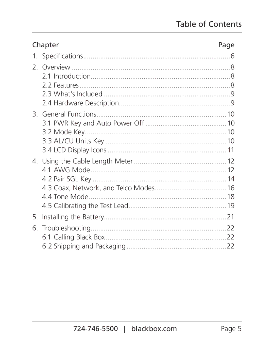 Black Box Cable Length Meter, CLM5000 manual Table of Contents 