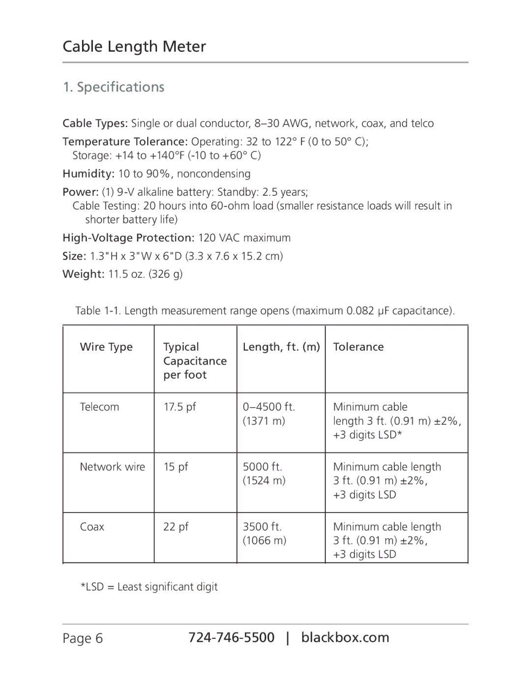 Black Box CLM5000, Cable Length Meter manual Specifications 