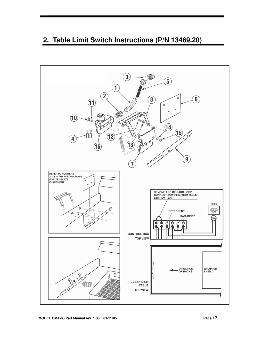 Black Box CMA DISHMACHINE manual Table Limit Switch Instructions P/N 