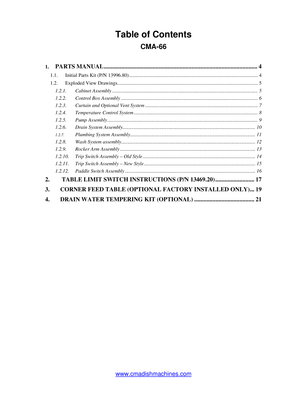 Black Box CMA DISHMACHINE manual Table of Contents 