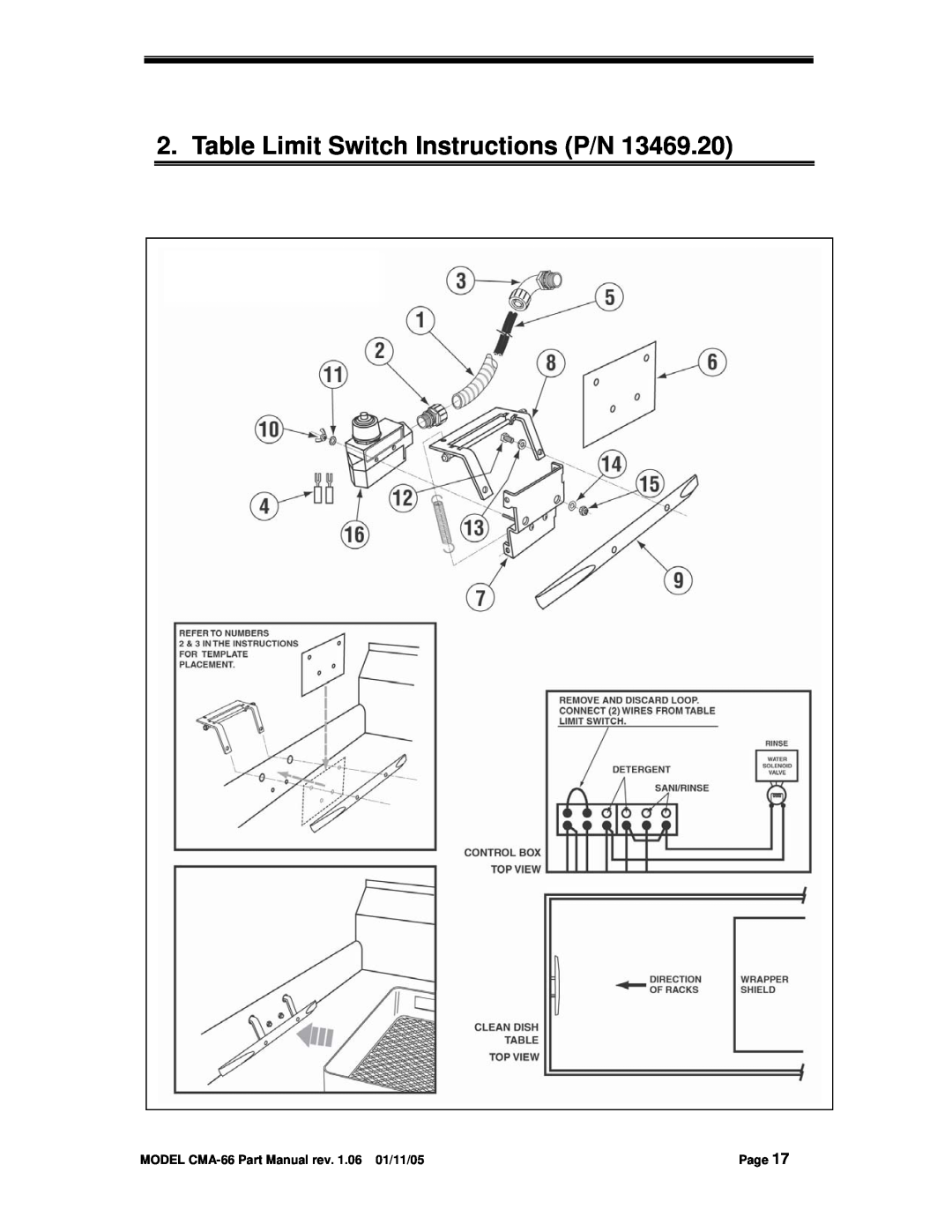 Black Box CMA DISHMACHINE manual Table Limit Switch Instructions P/N, MODEL CMA-66Part Manual rev. 1.06 01/11/05, Page 