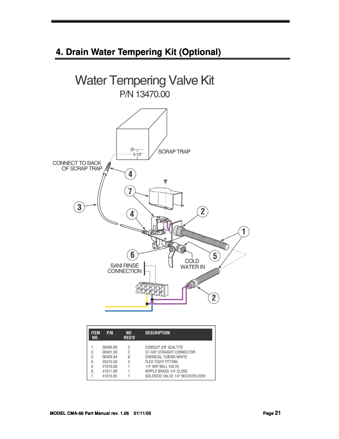Black Box CMA DISHMACHINE manual Drain Water Tempering Kit Optional, MODEL CMA-66Part Manual rev. 1.06 01/11/05, Page 