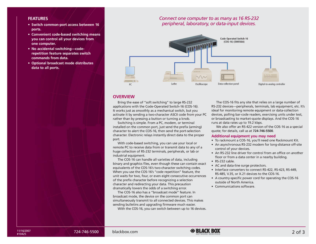 Black Box Code-Operated Switch-16 manual Overview, Additional equipment you may need 