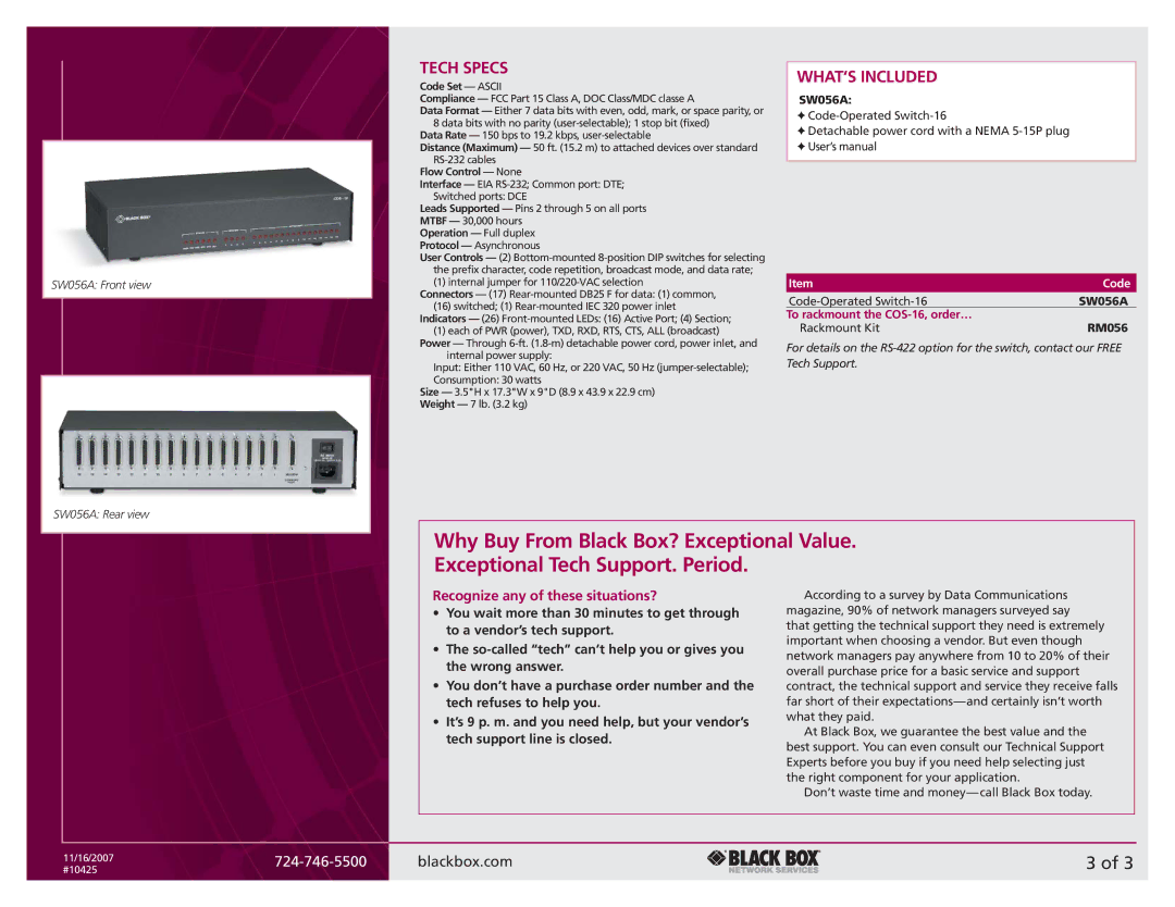 Black Box Code-Operated Switch-16 manual Tech Specs, WHAT‘S Included, Recognize any of these situations?, Code Set Ascii 