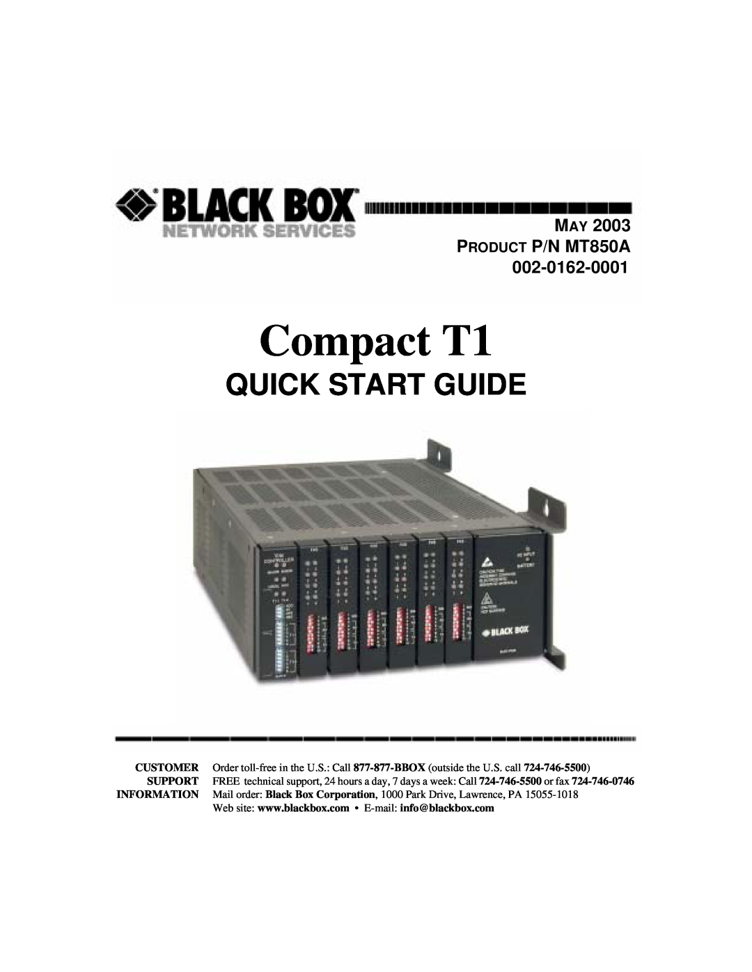 Black Box COMPACT T1 quick start Compact T1, Quick Start Guide, MAY PRODUCT P/N MT850A 002-0162-0001 