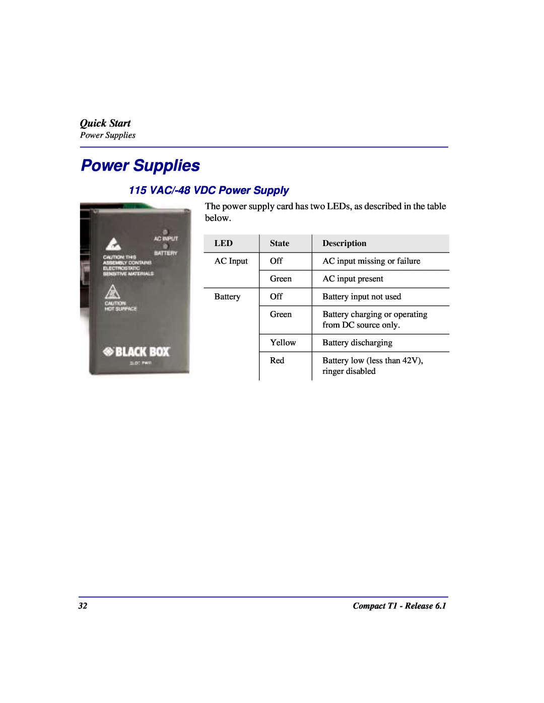 Black Box COMPACT T1 quick start Power Supplies, Quick Start, 115 VAC/-48 VDC Power Supply 