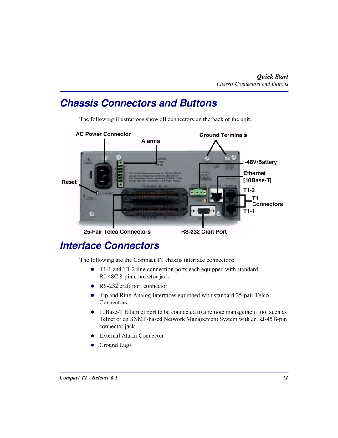 Black Box COMPACT T1 quick start Chassis Connectors and Buttons, Interface Connectors 