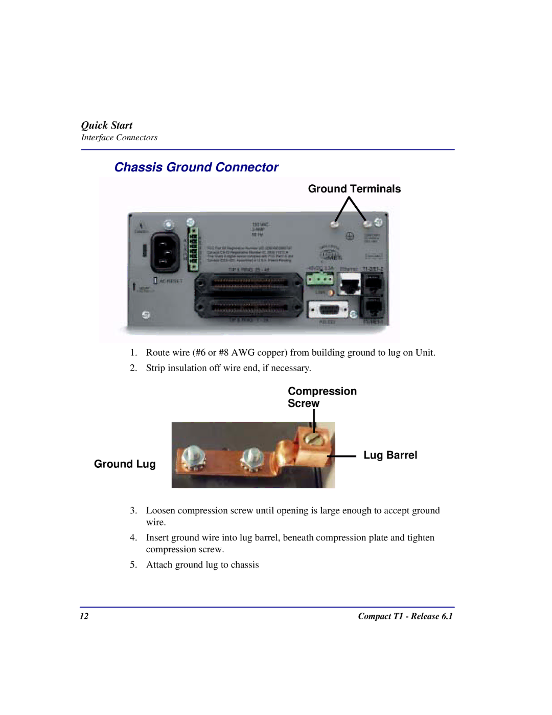 Black Box COMPACT T1 quick start Chassis Ground Connector, Ground Terminals 