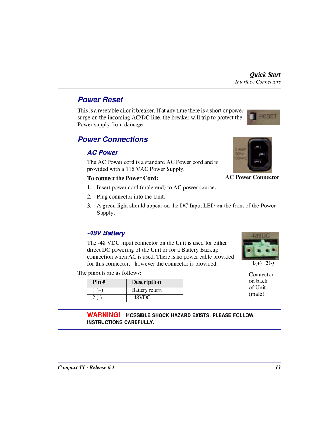 Black Box COMPACT T1 quick start Power Reset, Power Connections, AC Power, 48V Battery 