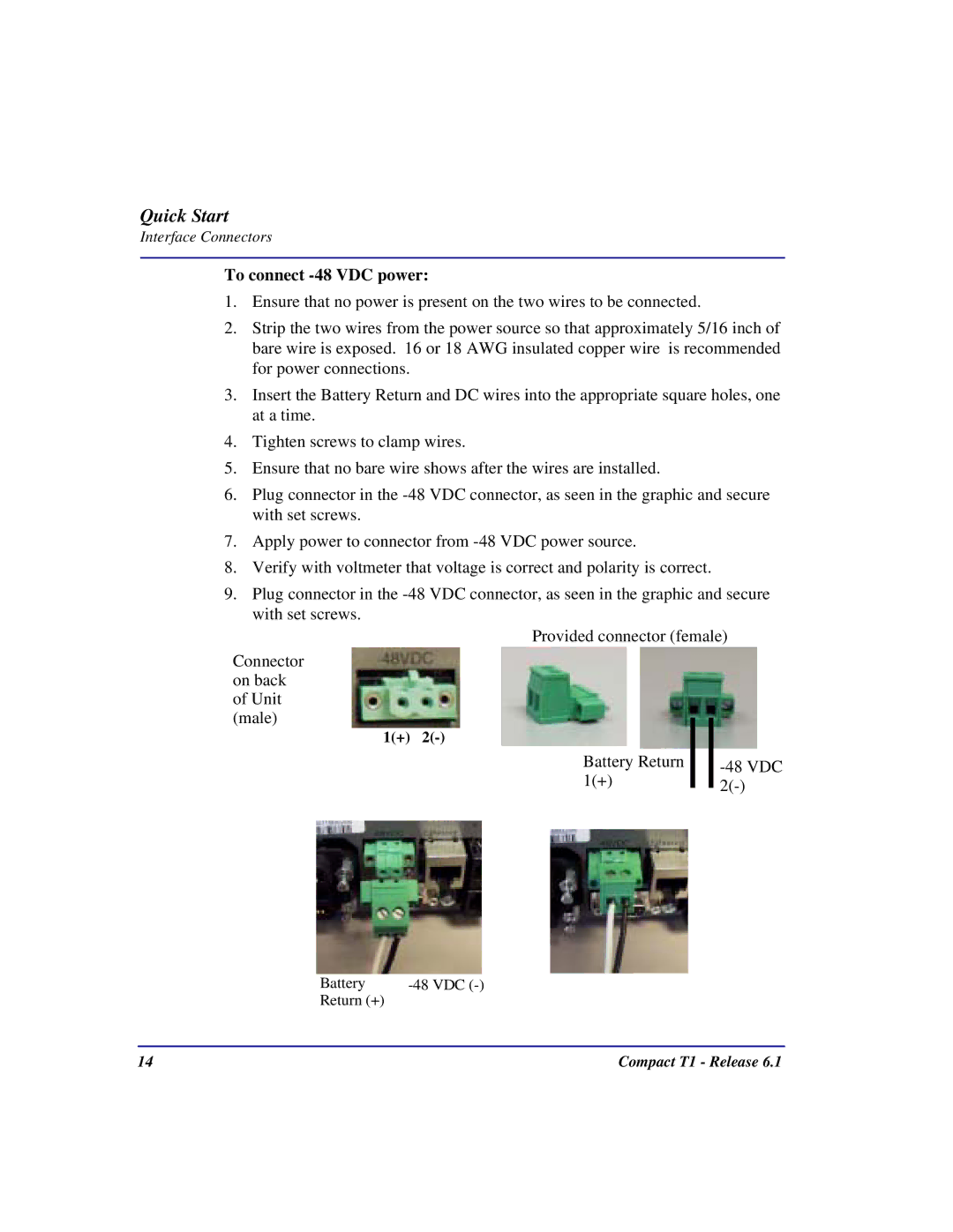 Black Box COMPACT T1 quick start To connect -48 VDC power 