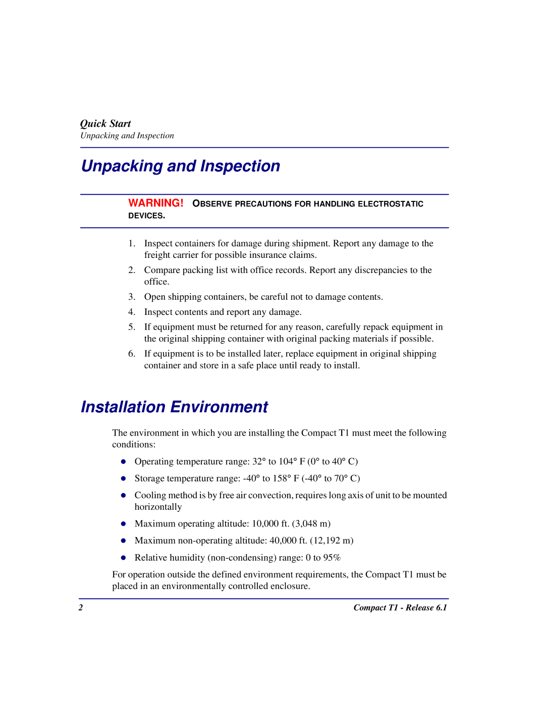 Black Box COMPACT T1 quick start Unpacking and Inspection, Installation Environment 