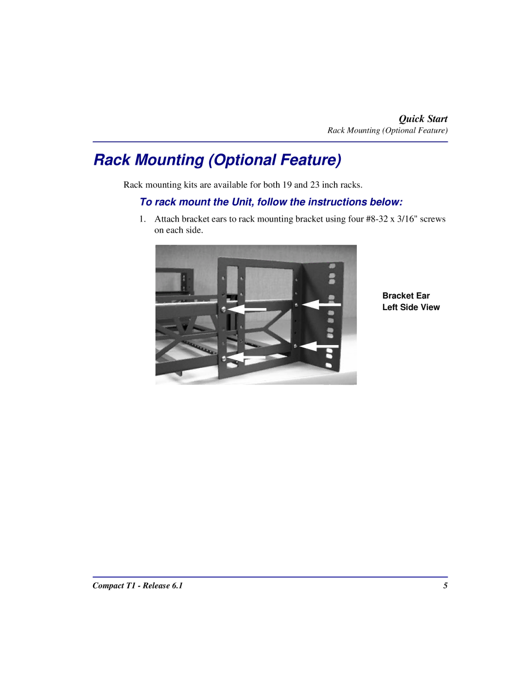 Black Box COMPACT T1 quick start Rack Mounting Optional Feature, To rack mount the Unit, follow the instructions below 