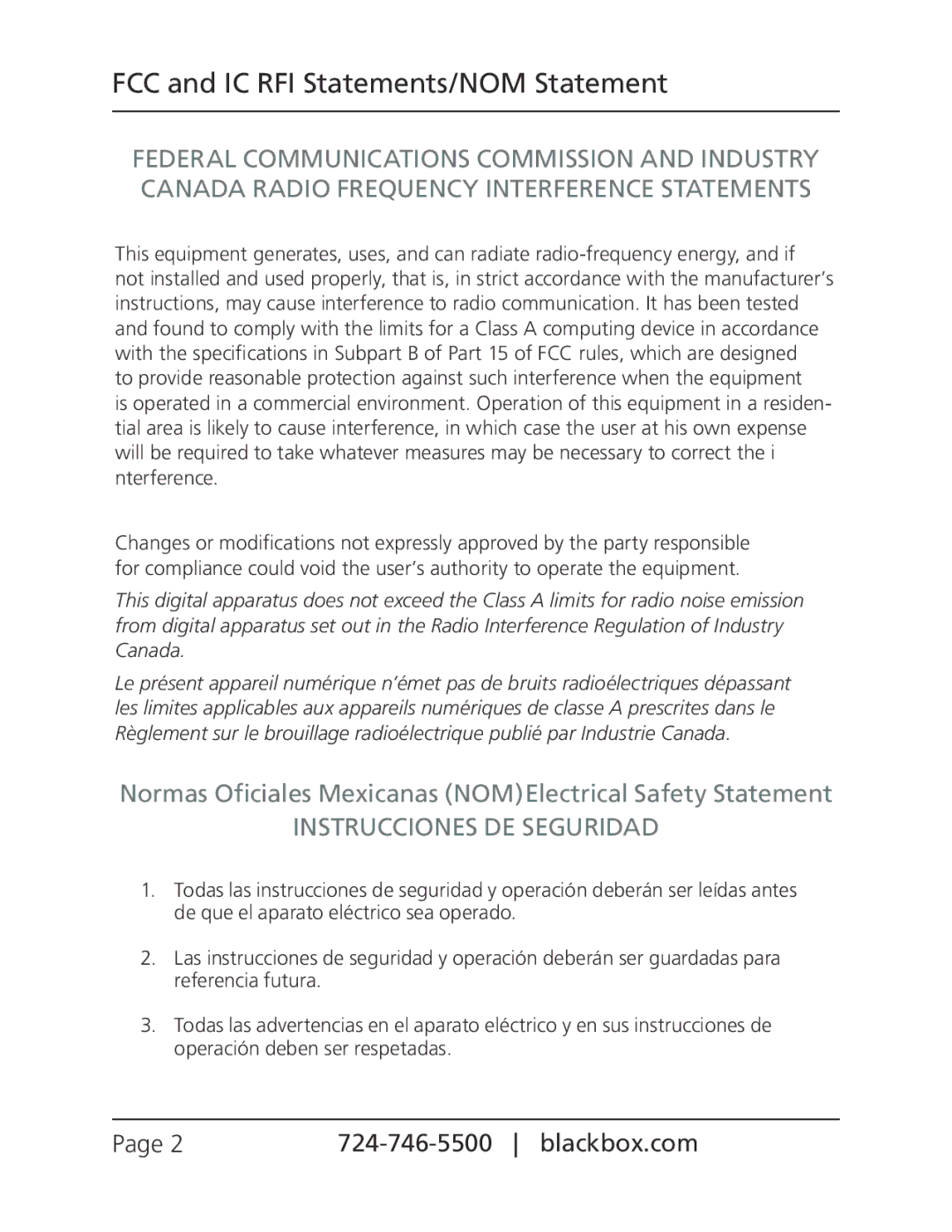 Black Box AC1056A-2 FCC and IC RFI Statements/NOM Statement, Normas Oficiales Mexicanas NOMElectrical Safety Statement 