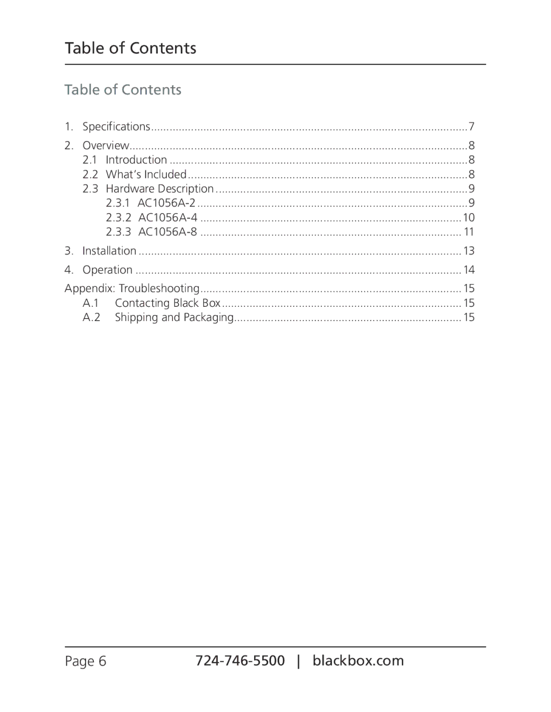 Black Box AC1056A-2, Compact Video Splitters, AC1056A-8, AC1056A-4 manual Table of Contents 