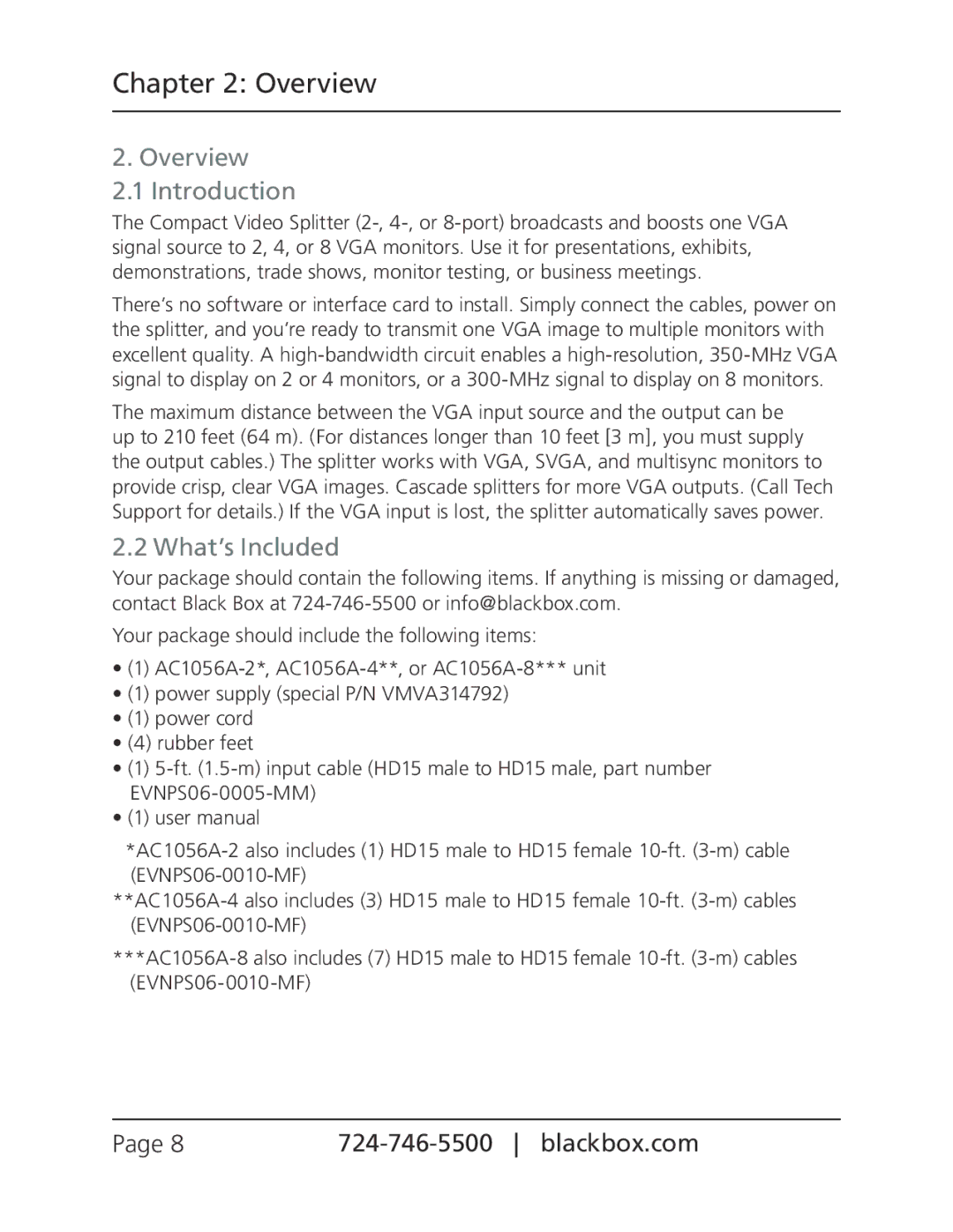 Black Box Compact Video Splitters, AC1056A-8, AC1056A-2, AC1056A-4 manual Overview Introduction, What’s Included 