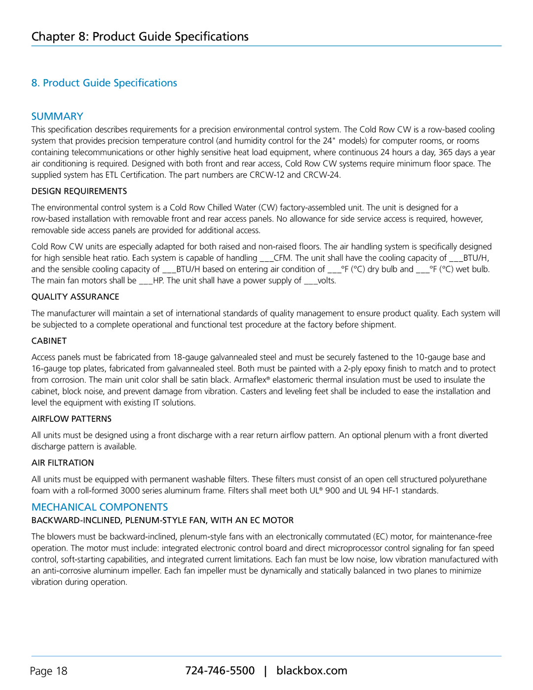 Black Box crcw-12, crcw24, cold row chilled water(CW) engineering manual Product Guide Specifications 