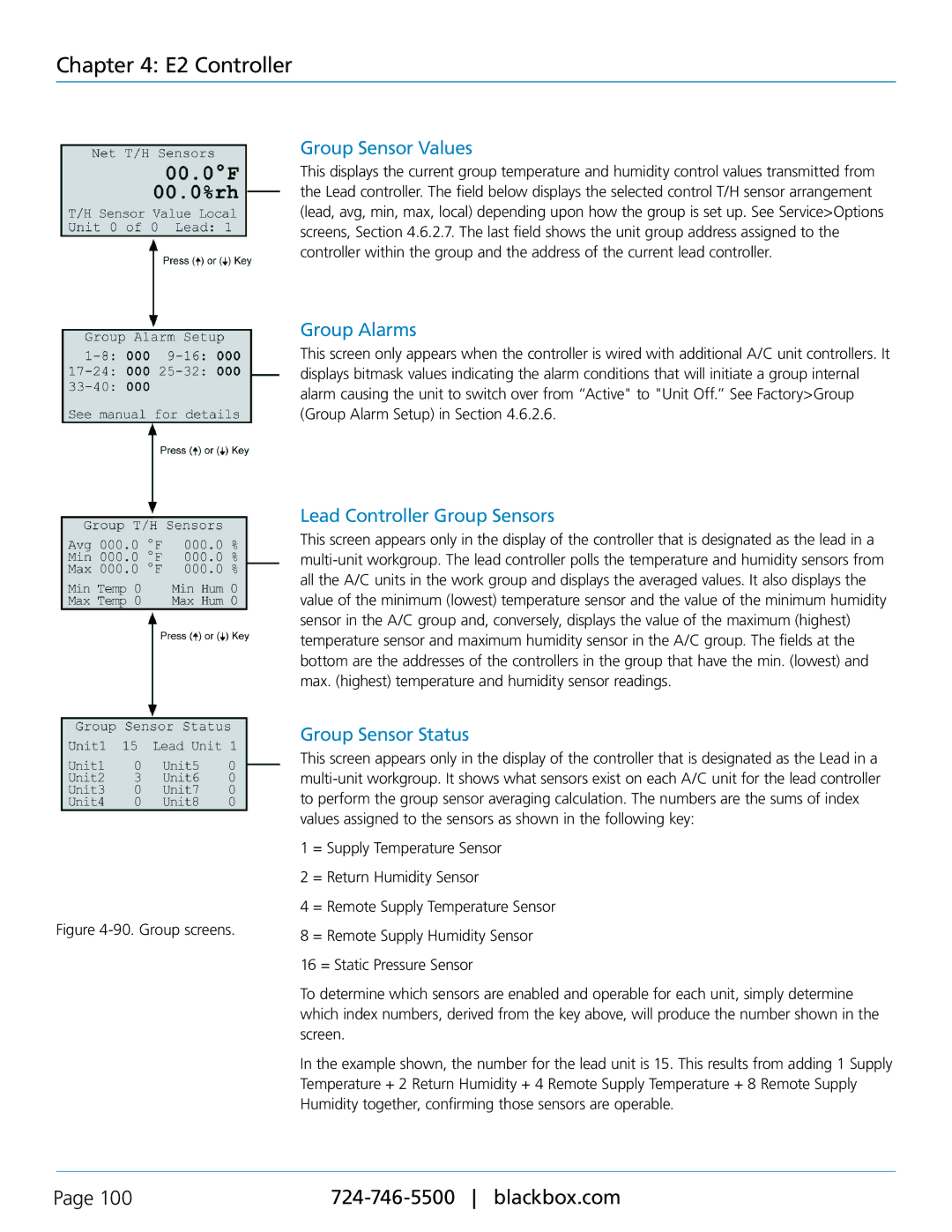 Black Box CRDX-G-FS-24KW user manual Group Sensor Values, Group Alarms, Lead Controller Group Sensors, Group Sensor Status 