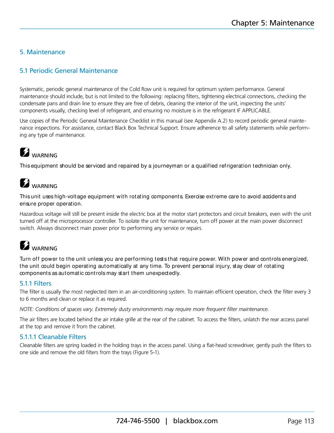 Black Box CRDX-A-FS-24KW, CRDX-W-FS-12KW user manual Maintenance Periodic General Maintenance, Cleanable Filters 