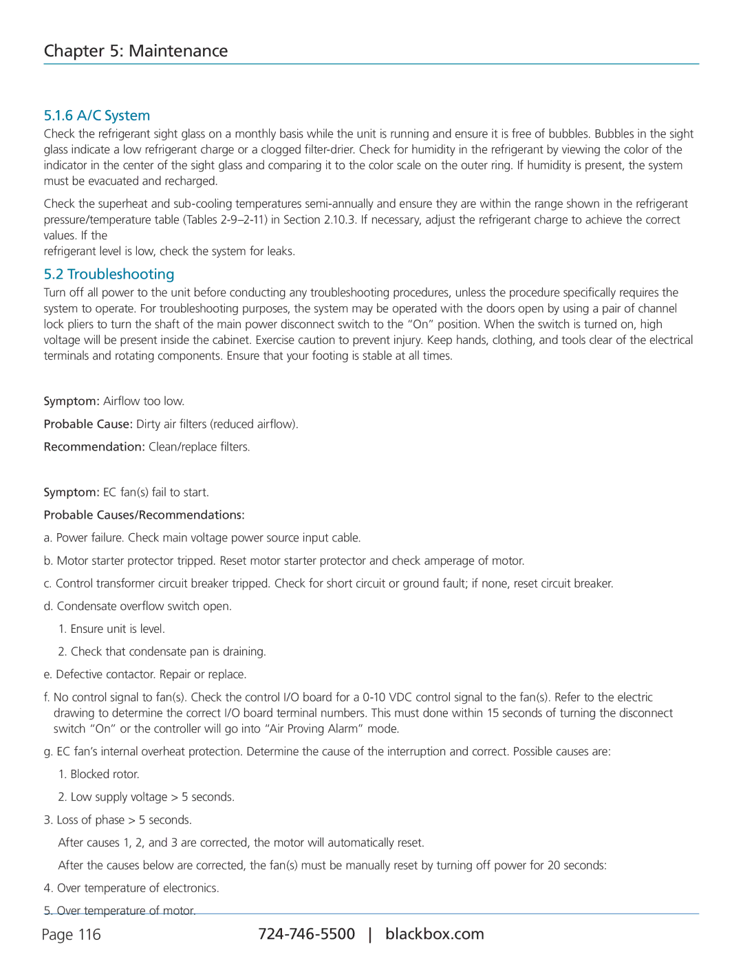 Black Box CRDX-G-FS-12KW, CRDX-W-FS-12KW, CRDX-A-FS-24KW, CRDX-G-FS-24KW, CRDX-W-FS-24KW 6 A/C System, Troubleshooting 
