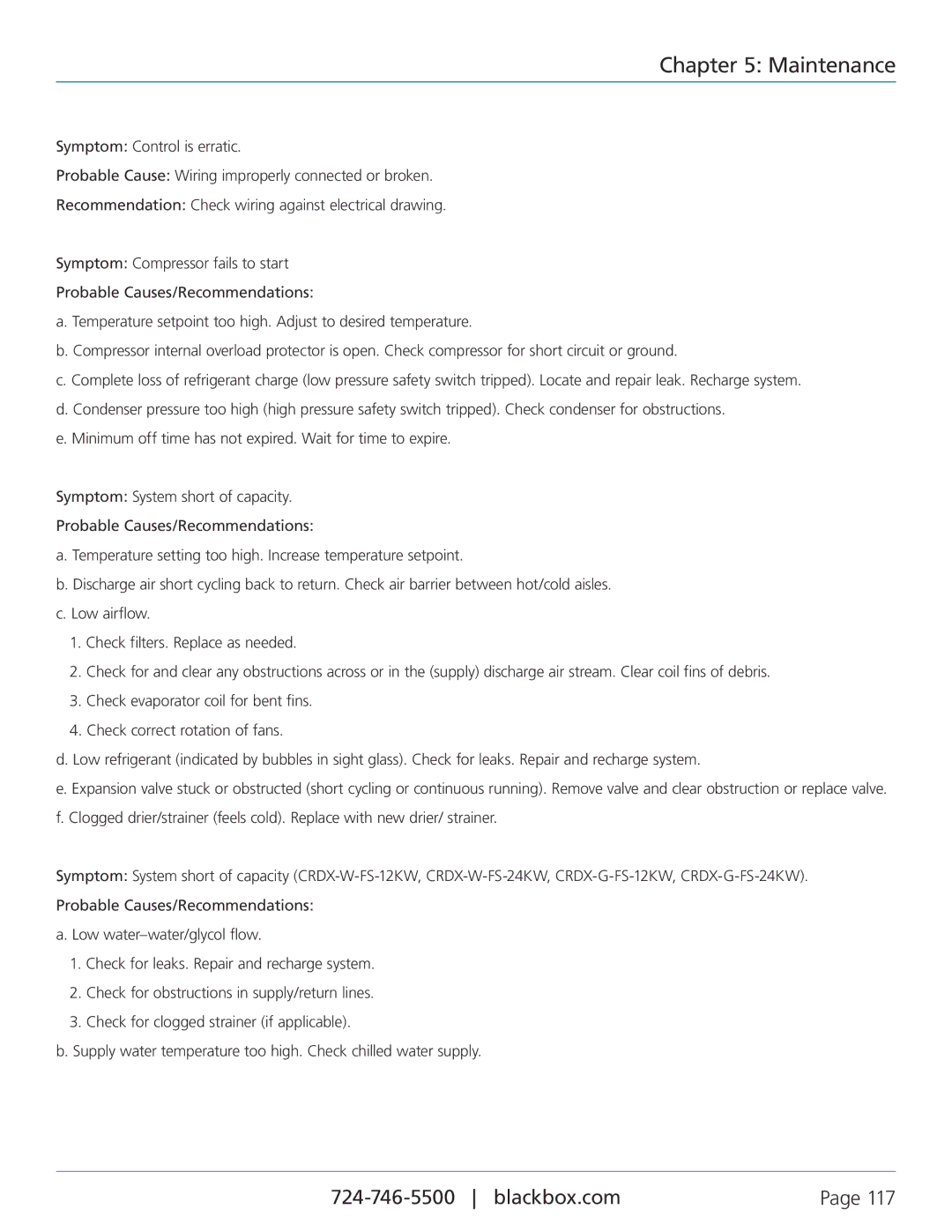 Black Box CRDX-A-FS-12KW, CRDX-W-FS-12KW, CRDX-A-FS-24KW, CRDX-G-FS-24KW, CRDX-W-FS-24KW, CRDX-G-FS-12KW user manual Maintenance 