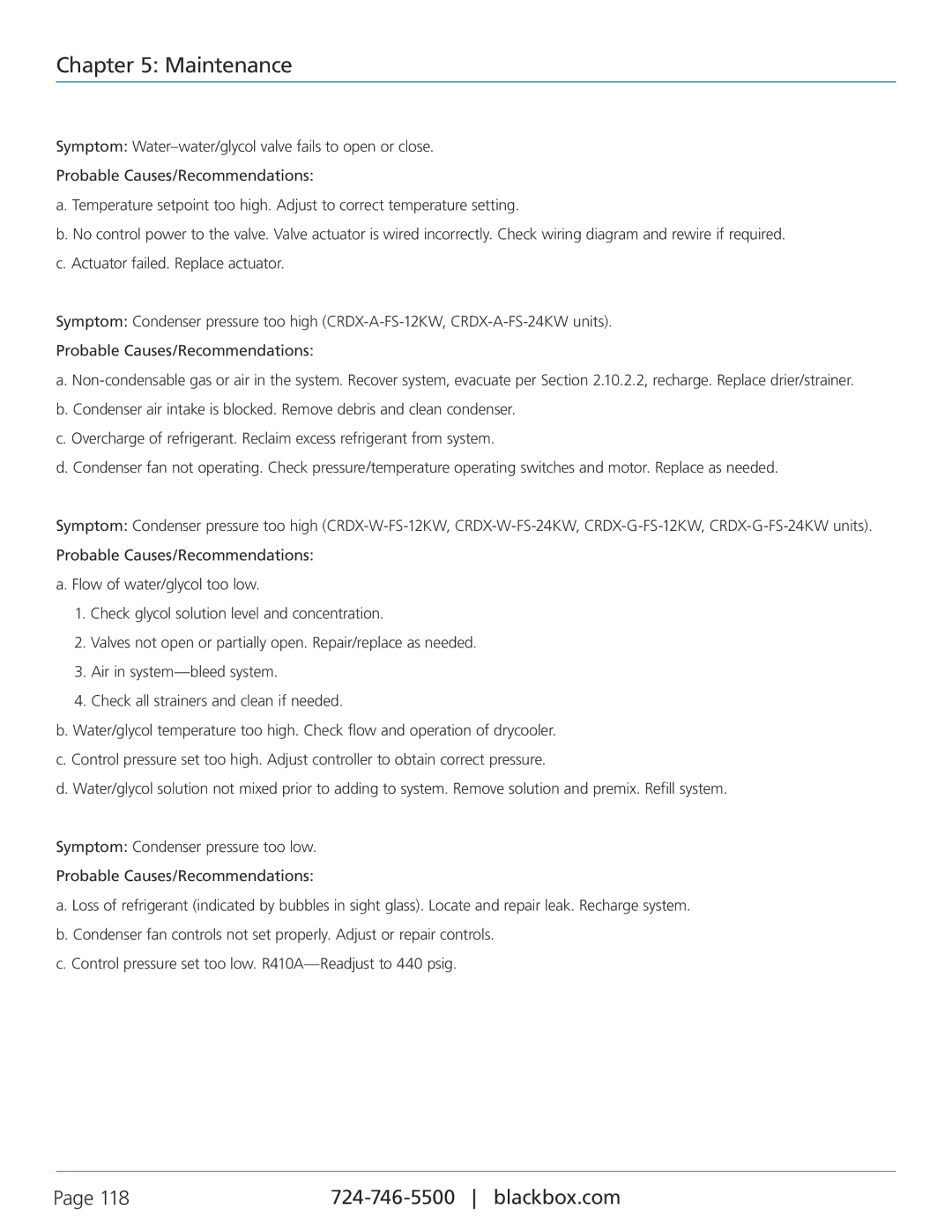 Black Box Black Box Cold Row DX, CRDX-W-FS-12KW, CRDX-A-FS-24KW, CRDX-G-FS-24KW, CRDX-W-FS-24KW, CRDX-G-FS-12KW Maintenance 