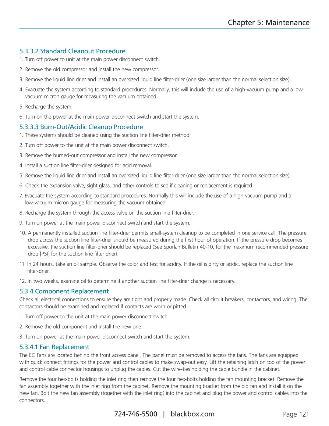 Black Box CRDX-G-FS-24KW user manual Standard Cleanout Procedure, Burn-Out/Acidic Cleanup Procedure, Component Replacement 