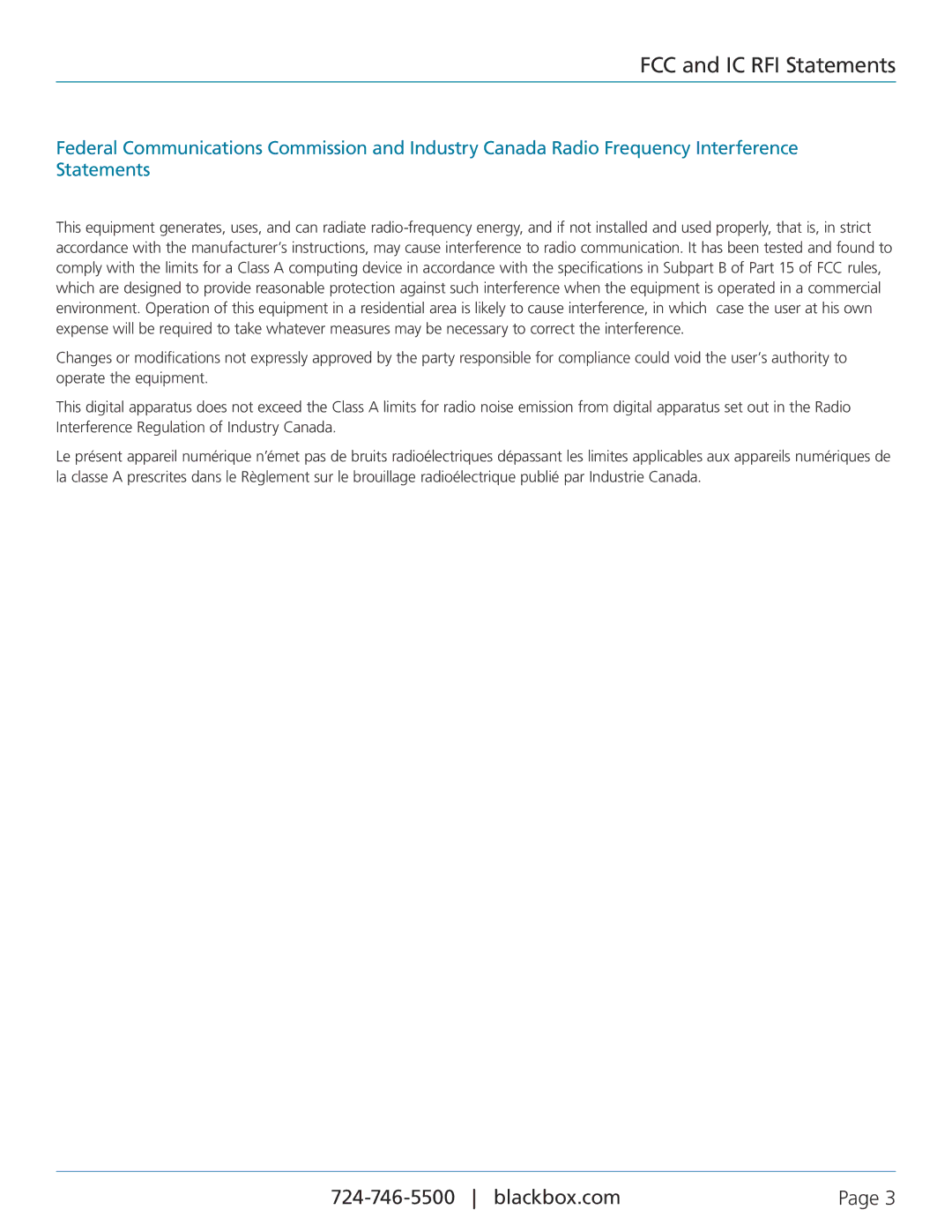 Black Box CRDX-W-FS-24KW, CRDX-W-FS-12KW, CRDX-A-FS-24KW, CRDX-G-FS-24KW, CRDX-G-FS-12KW user manual FCC and IC RFI Statements 