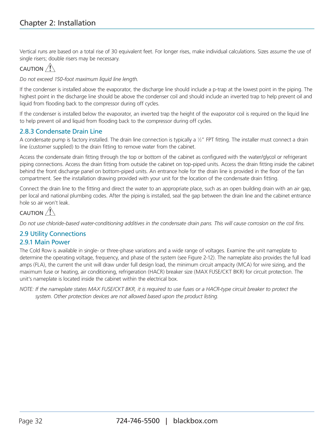 Black Box CRDX-G-FS-12KW, CRDX-W-FS-12KW, CRDX-A-FS-24KW Condensate Drain Line, Utility Connections 2.9.1 Main Power 