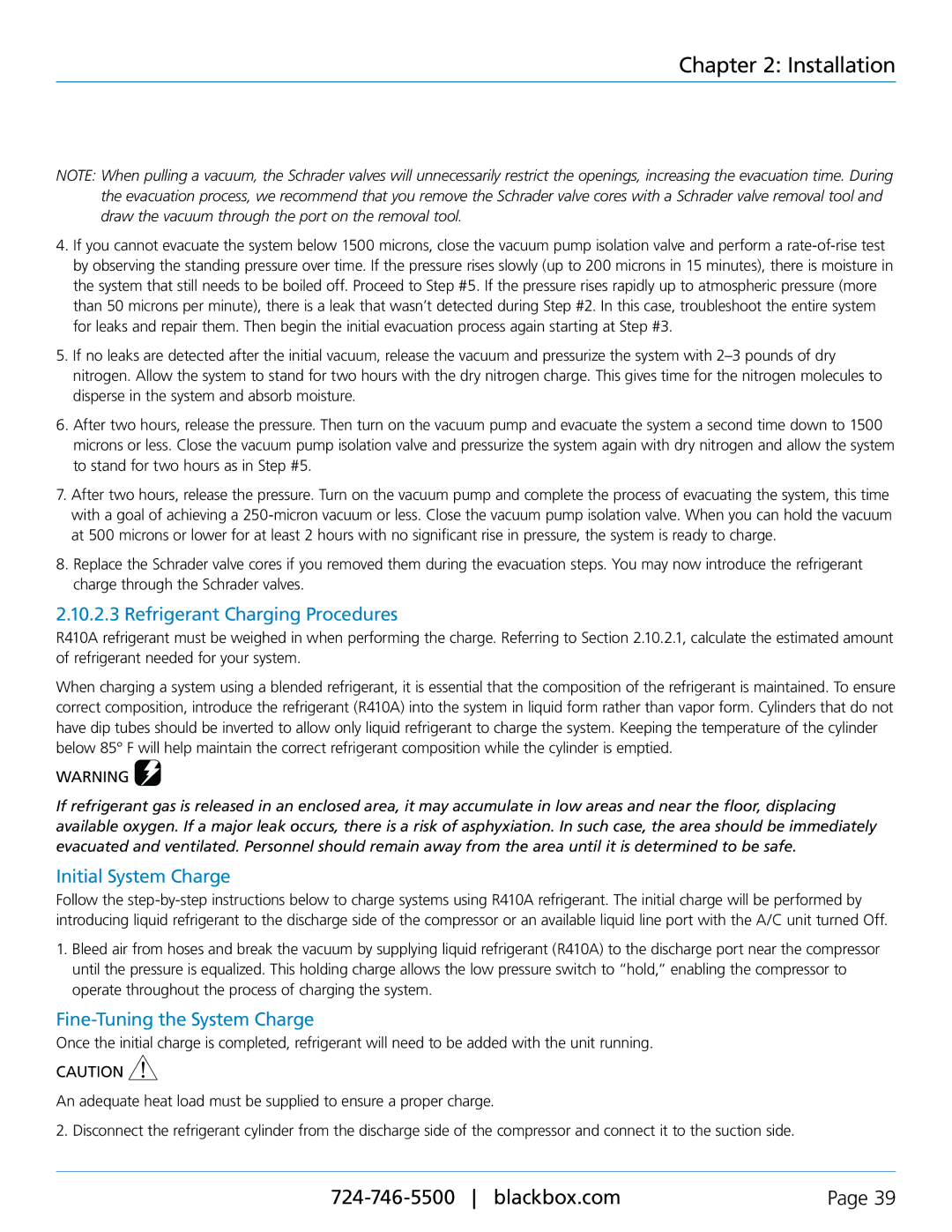 Black Box CRDX-G-FS-12KW user manual Refrigerant Charging Procedures, Initial System Charge, Fine-Tuning the System Charge 