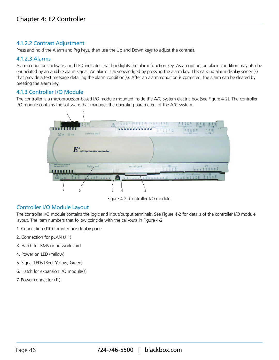 Black Box CRDX-G-FS-12KW, CRDX-W-FS-12KW, CRDX-A-FS-24KW Contrast Adjustment, Alarms, Controller I/O Module Layout 