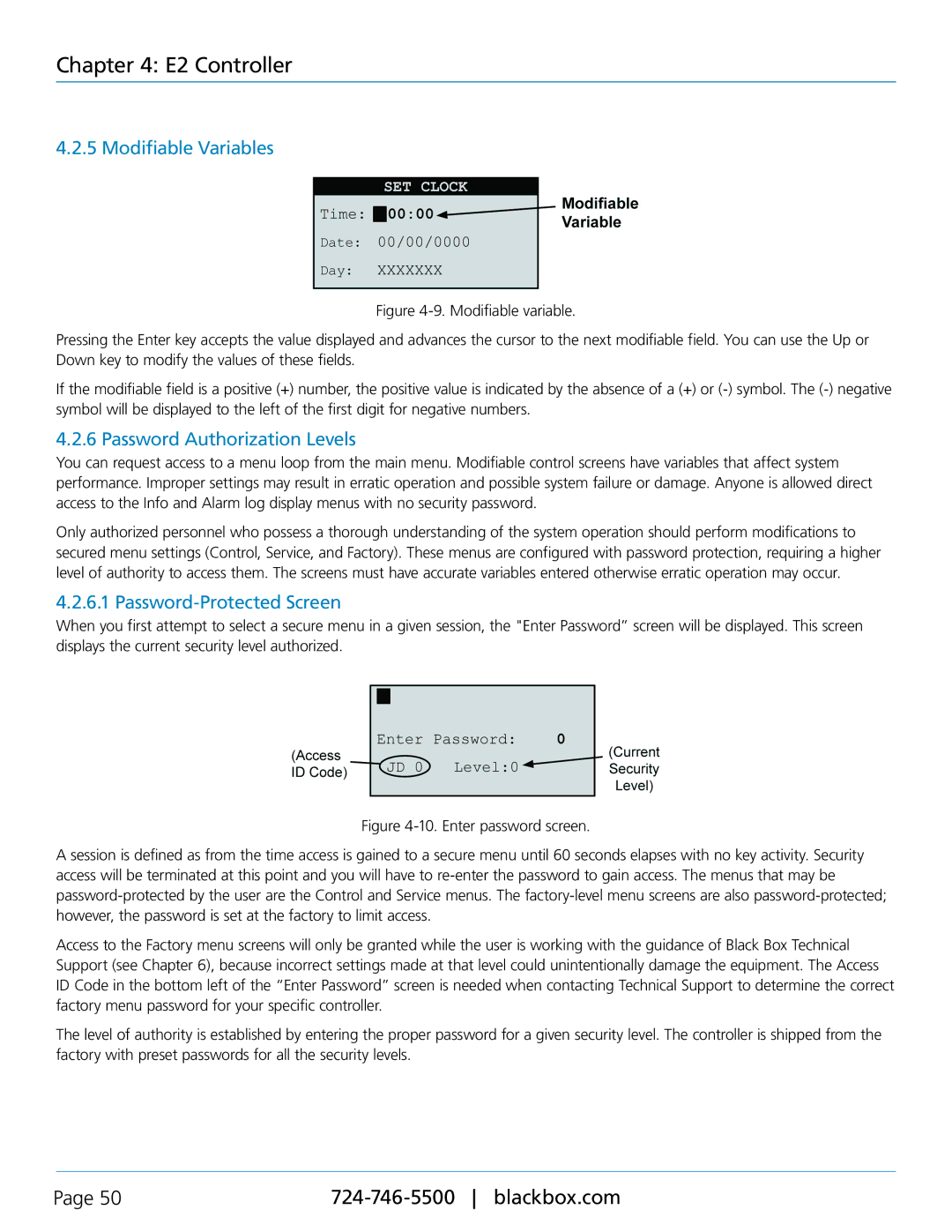 Black Box CRDX-A-FS-24KW, CRDX-W-FS-12KW Modifiable Variables, Password Authorization Levels, Password-Protected Screen 