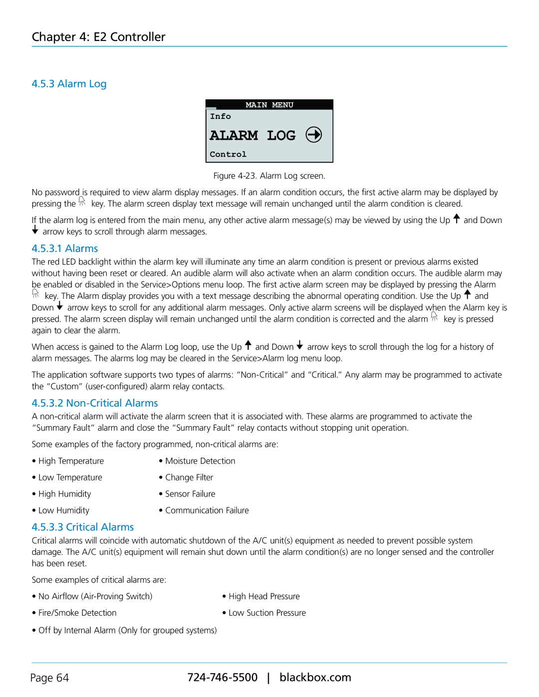 Black Box CRDX-A-FS-24KW, CRDX-W-FS-12KW Alarm Log, Non-Critical Alarms, Off by Internal Alarm Only for grouped systems 