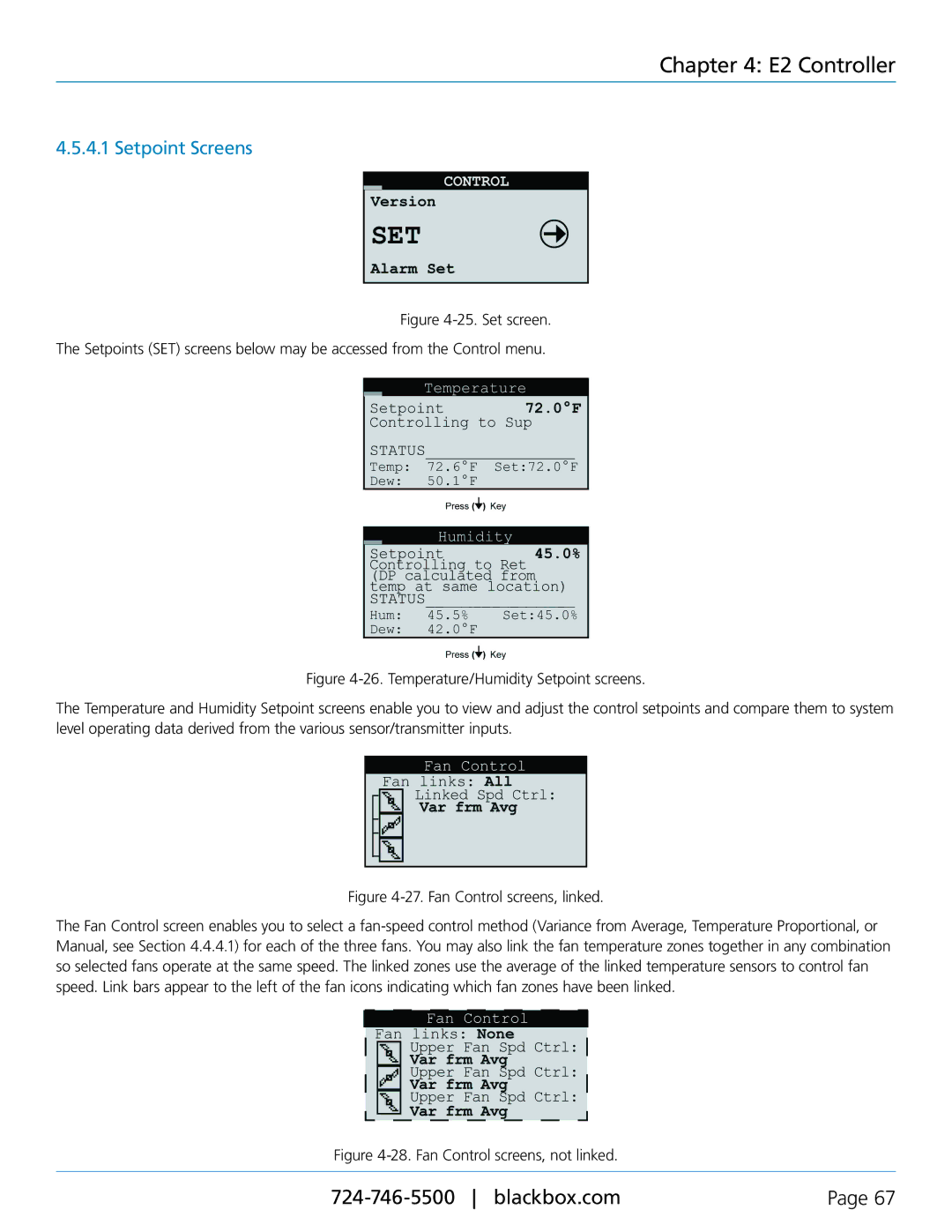 Black Box CRDX-G-FS-12KW, CRDX-W-FS-12KW, CRDX-A-FS-24KW, CRDX-G-FS-24KW Setpoint Screens, Fan Control screens, not linked 