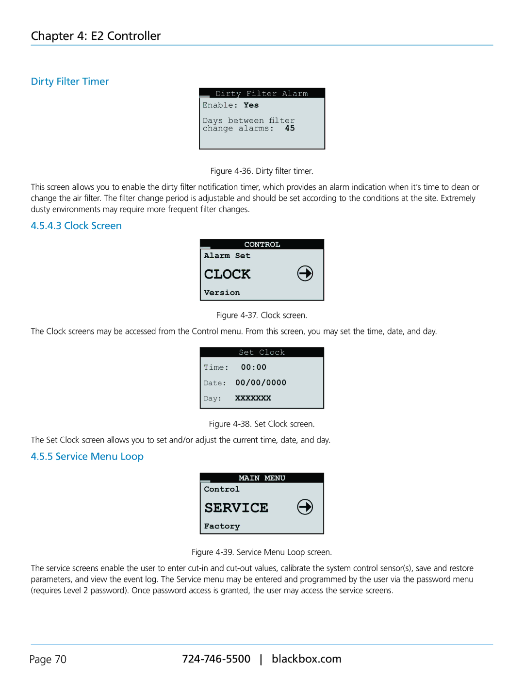 Black Box CRDX-W-FS-12KW, CRDX-A-FS-24KW, CRDX-G-FS-24KW, CRDX-W-FS-24KW Dirty Filter Timer, Clock Screen, Service Menu Loop 