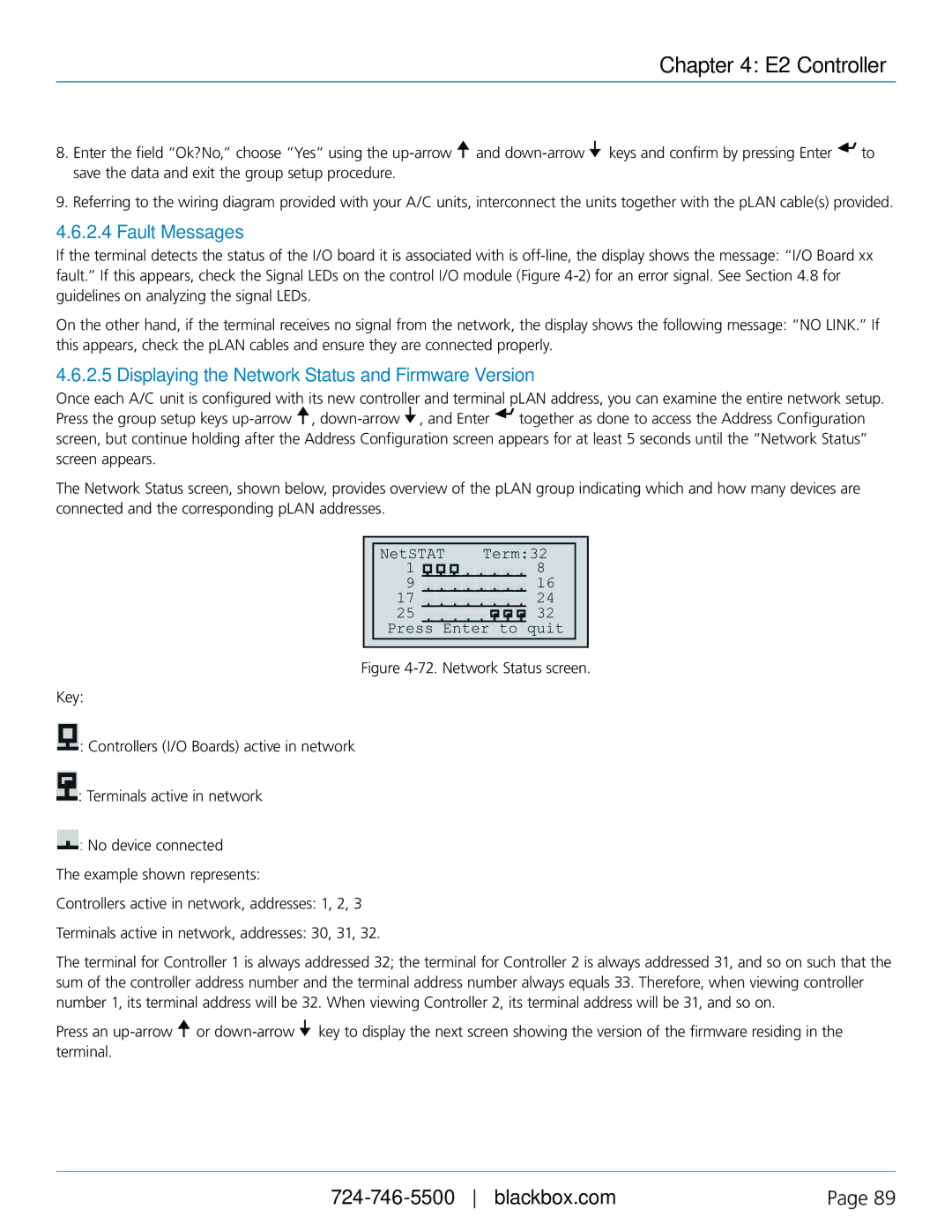 Black Box CRDX-A-FS-12KW, CRDX-W-FS-12KW, CRDX-A-FS-24KW Fault Messages, Displaying the Network Status and Firmware Version 